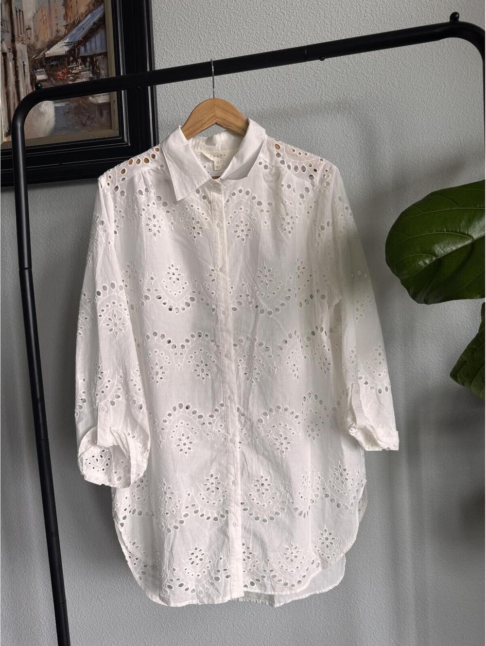 Adiva White Eyelet Button Up Tunic Blouse 100% Cotton Boho 1X NWT